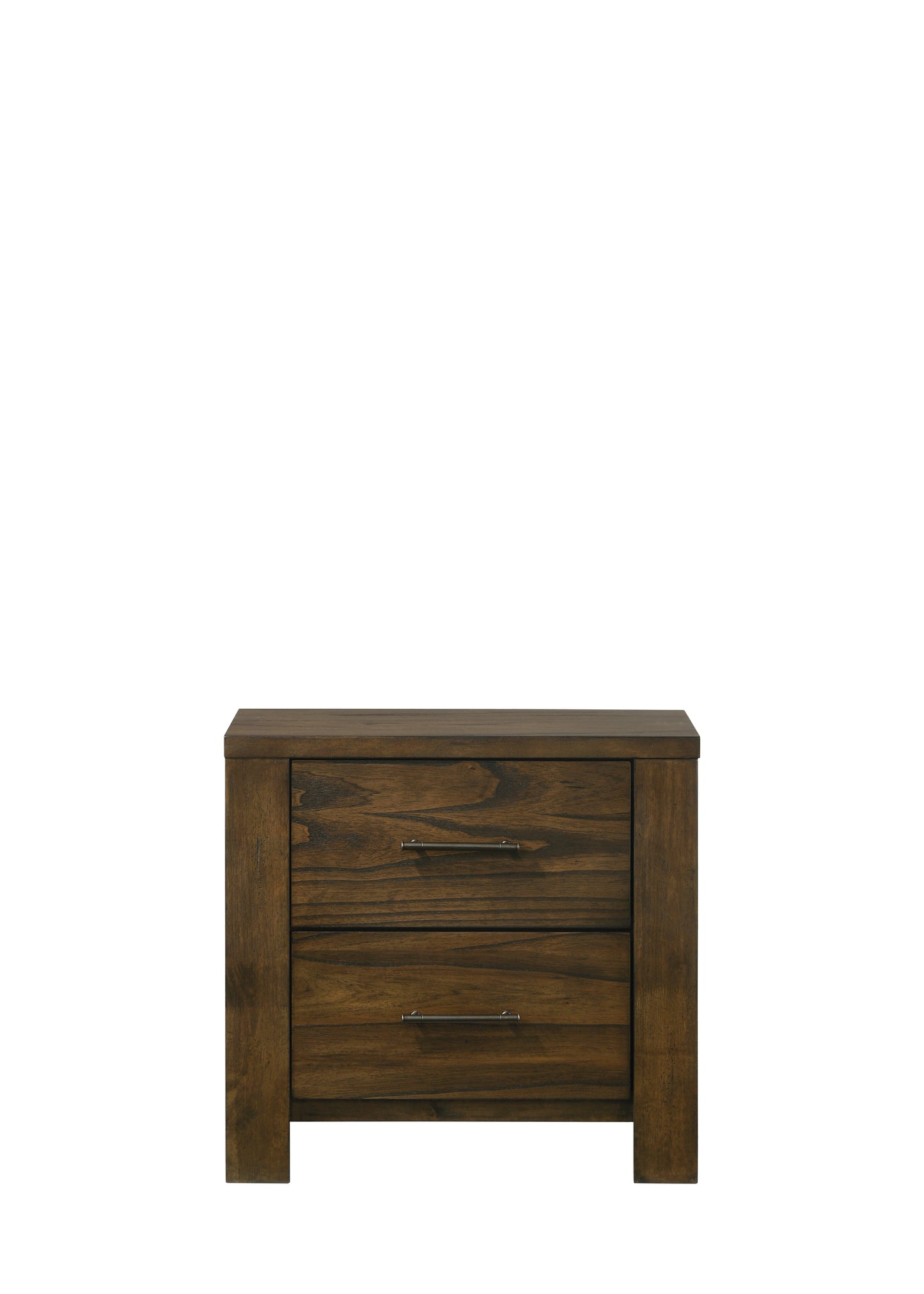 Dark wood nightstand with two drawers and silver pulls
