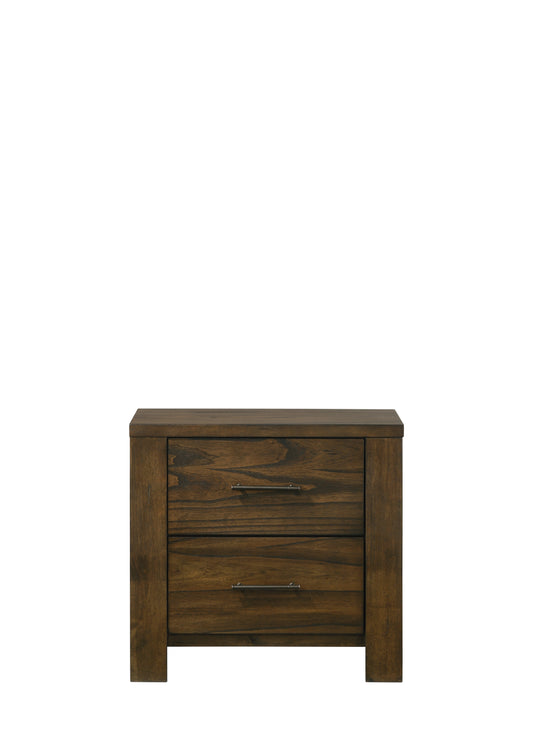 Dark wood nightstand with two drawers and silver pulls