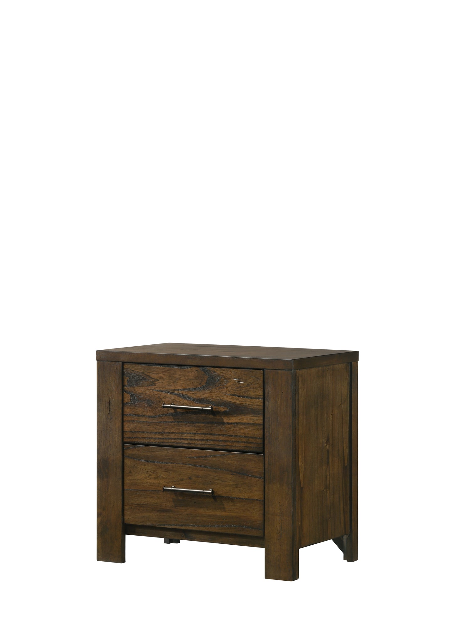 Dark oak wood twodrawer nightstand with brushed nickel hardware