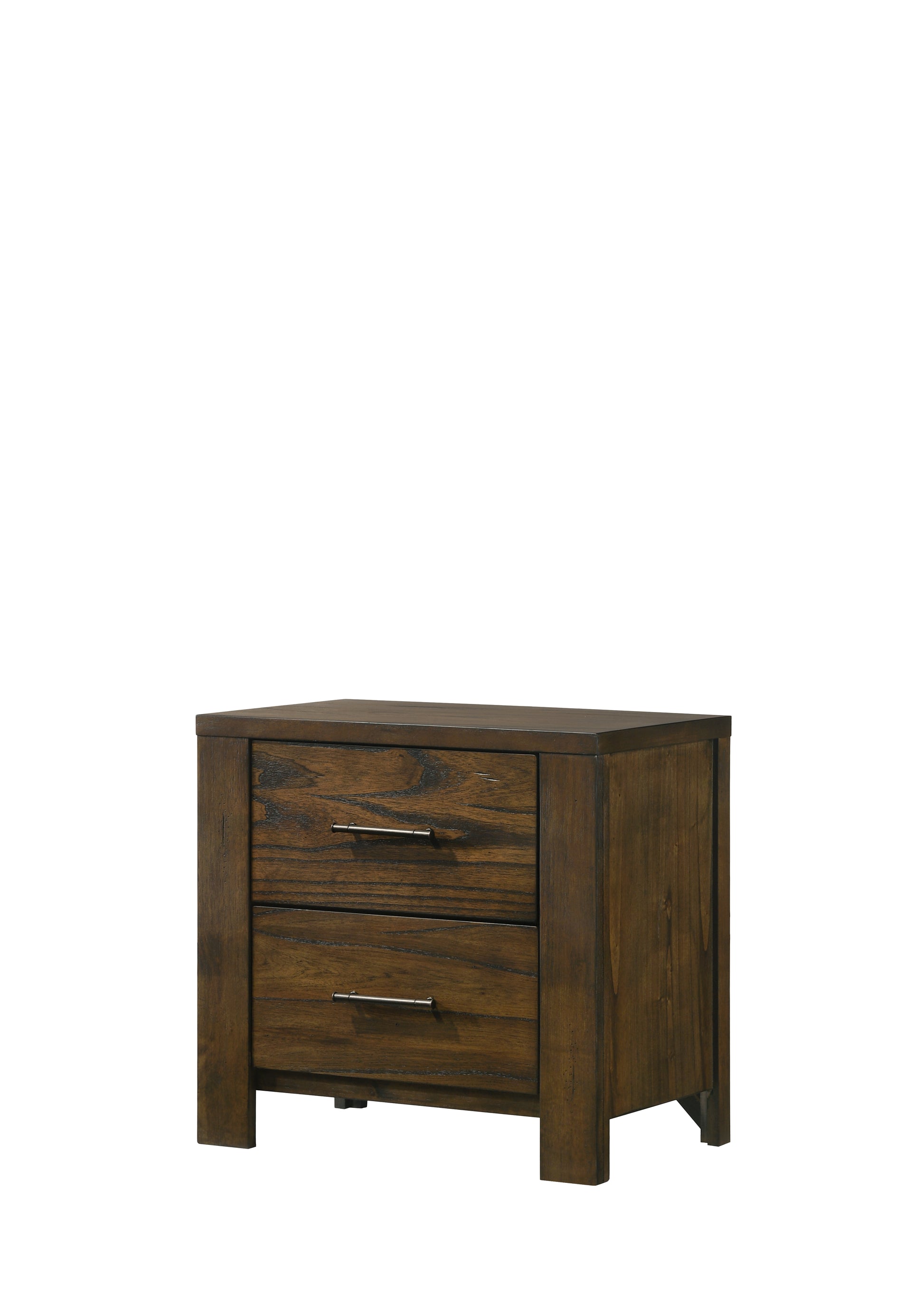 Dark oak wood twodrawer nightstand with brushed nickel hardware