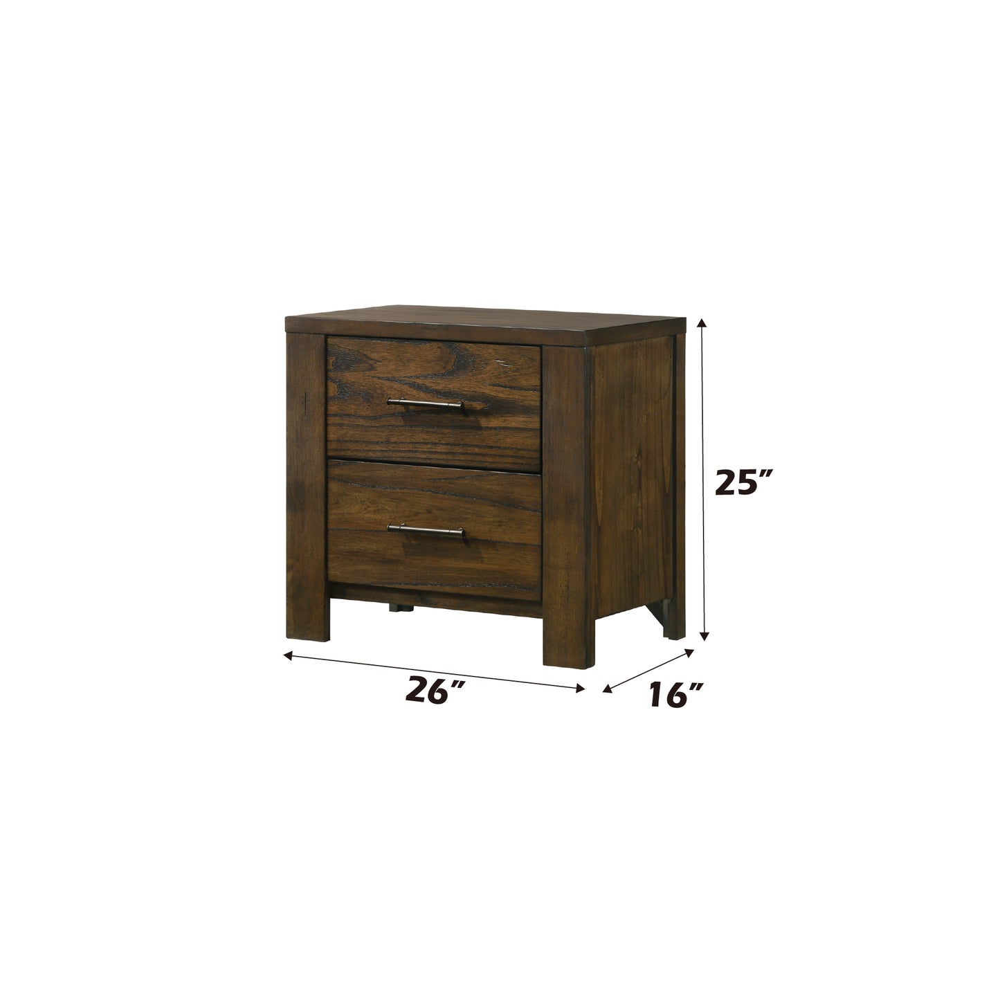 Dark brown wood nightstand with two drawers and silver handles