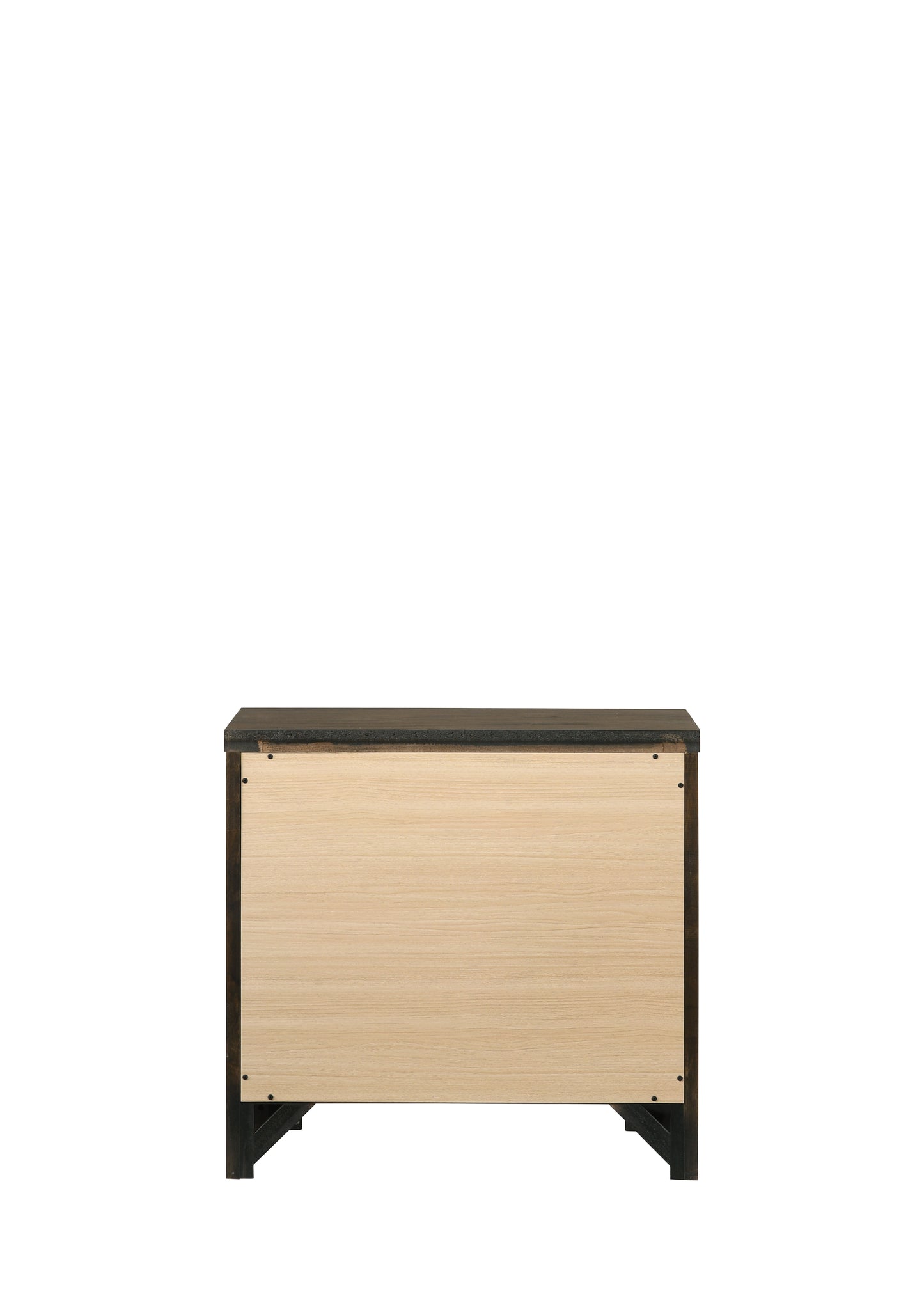 Back view of a dark wood bedside table with a light wood panel