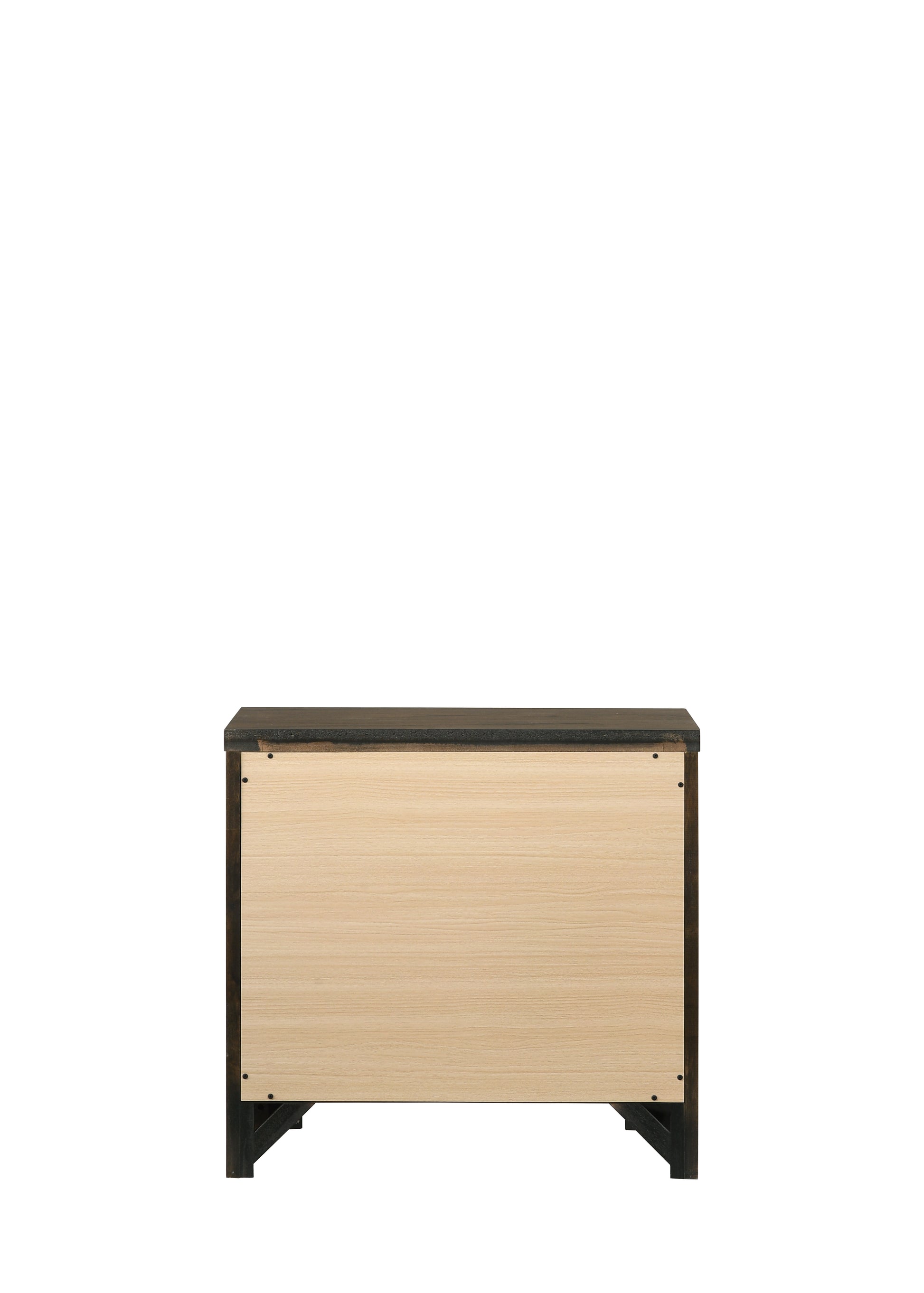 Back view of a dark wood bedside table with a light wood panel