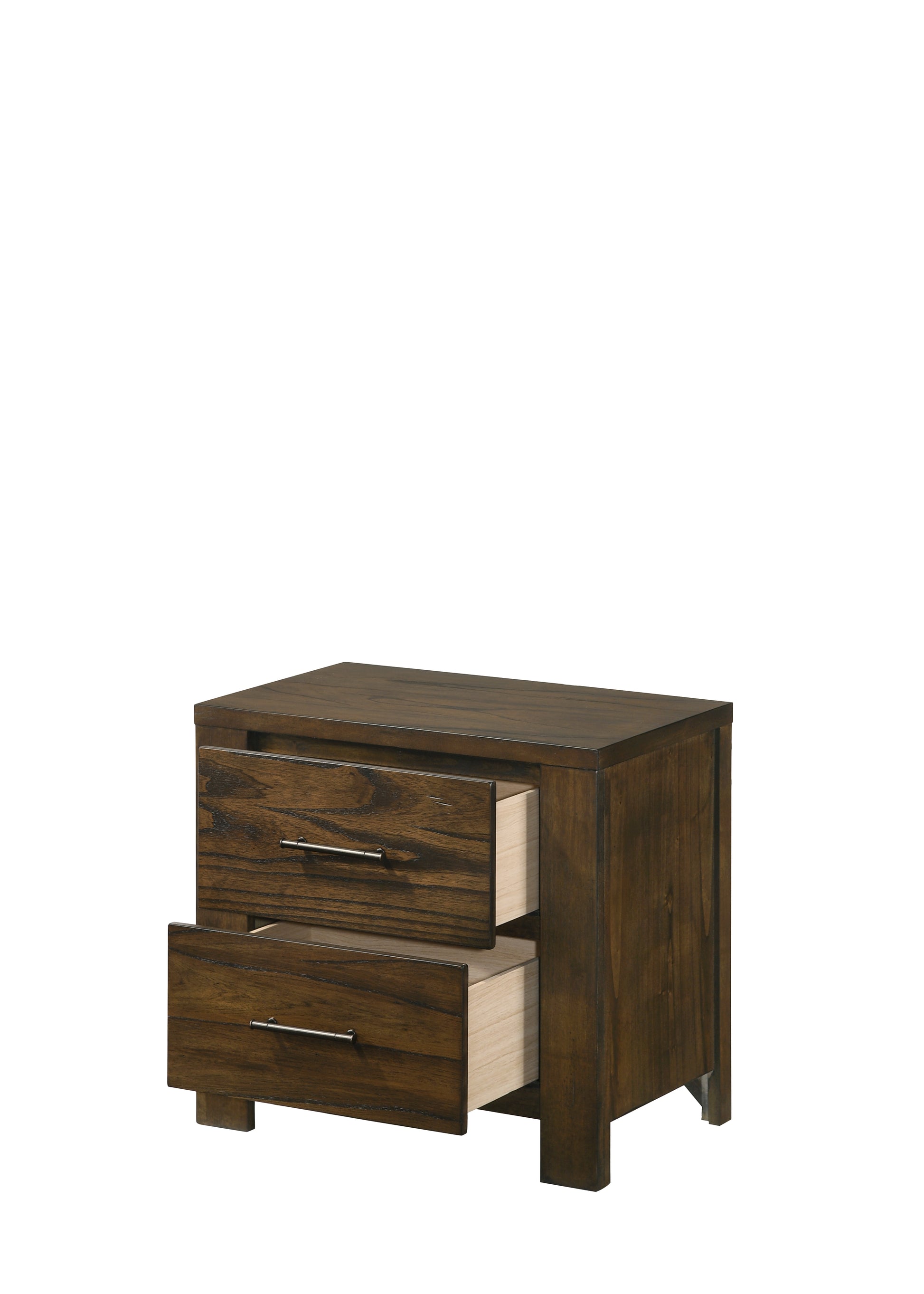 Dark brown wood twodrawer nightstand with brushed nickel pulls