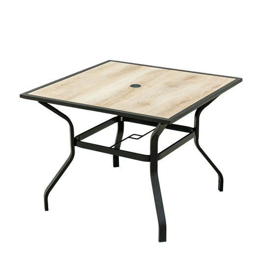 Square woodlook patio table with black metal frame and umbrella hole
