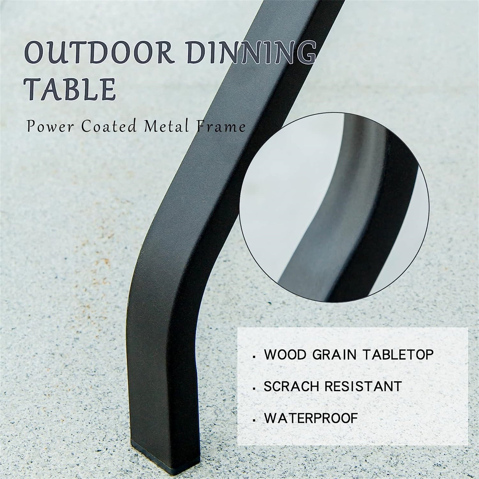 Outdoor dining table with black powdercoated metal frame