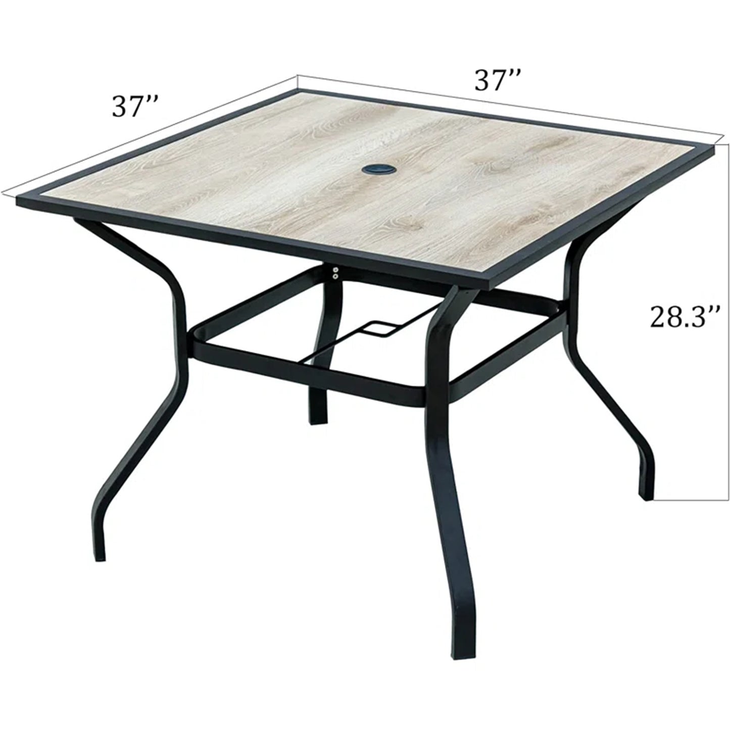 Square outdoor patio table with faux wood top and black metal frame