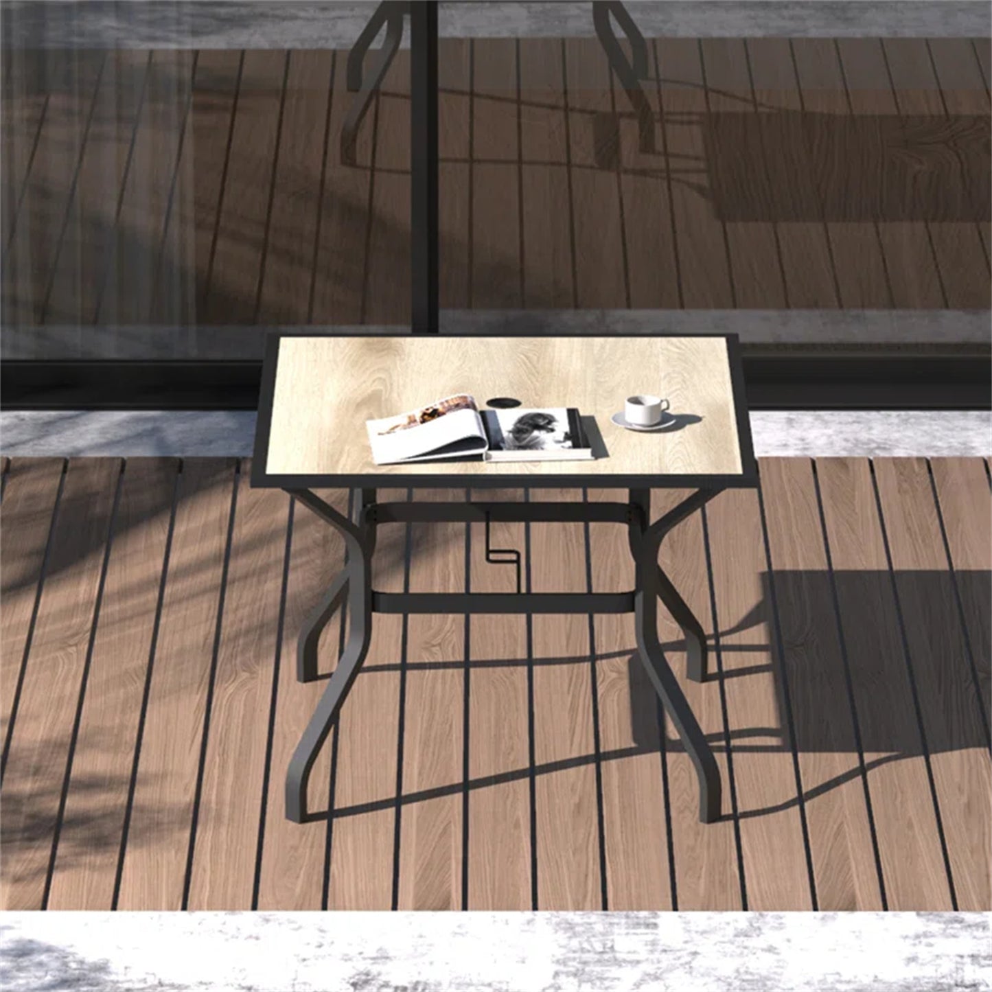Modern outdoor side table with light woodgrain finish and black metal frame