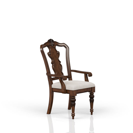Dark wood dining chair with ornate carved backrest and upholstered seat