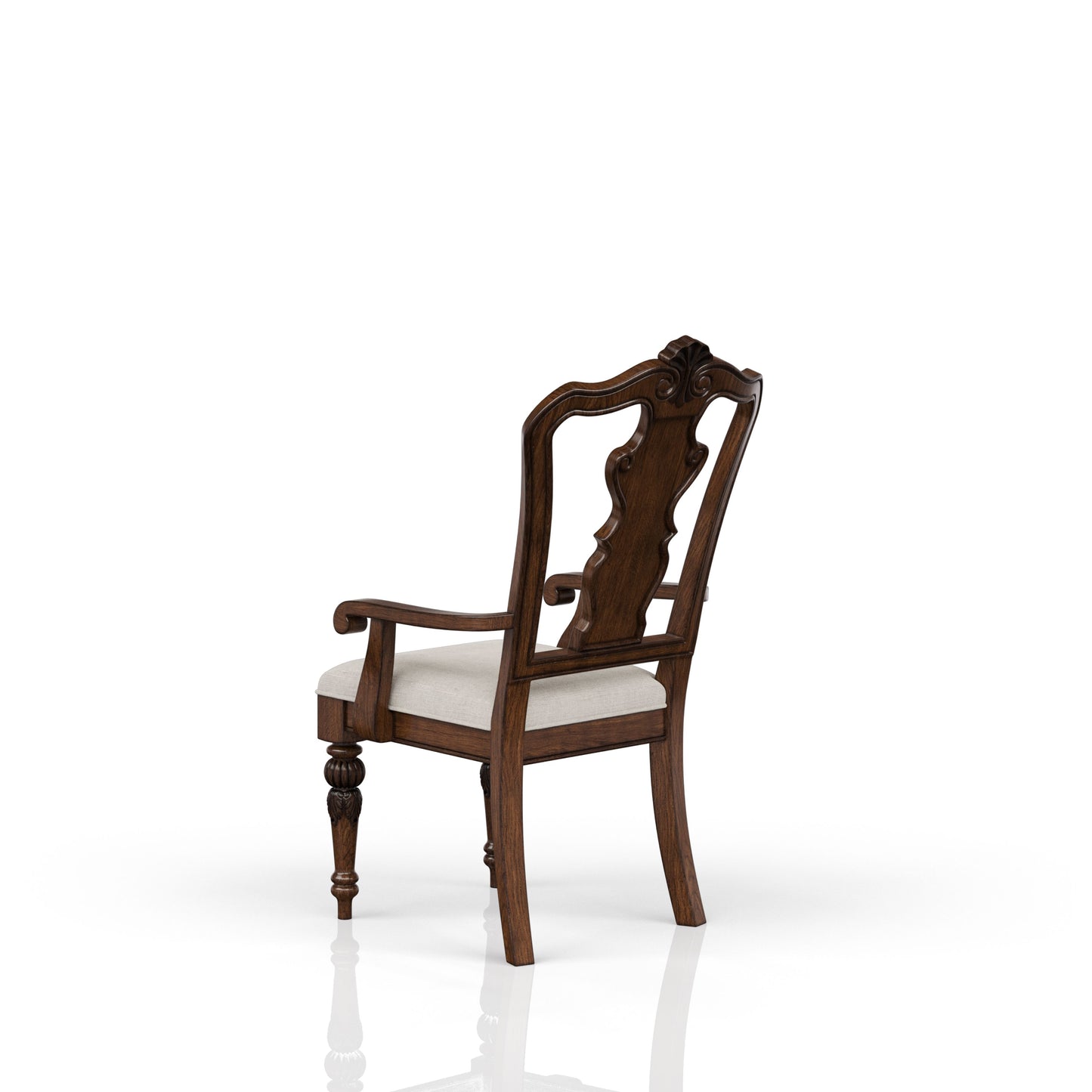 Dark wood dining chair with cushioned seat and ornate back