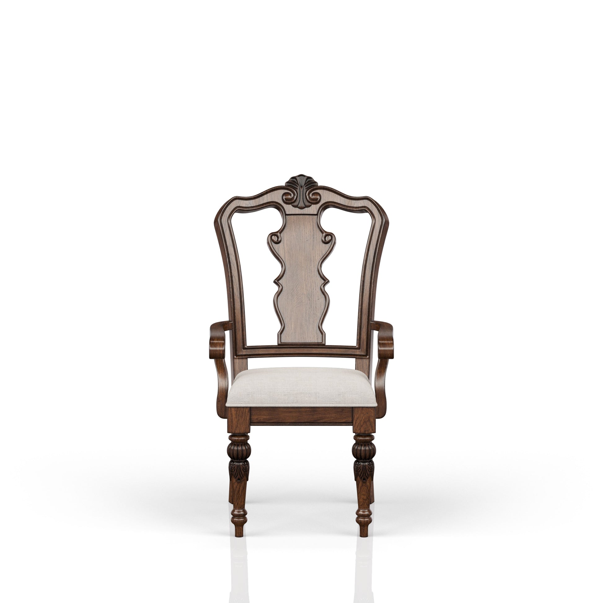 Elegant carved walnut arm chair with upholstered linen seat
