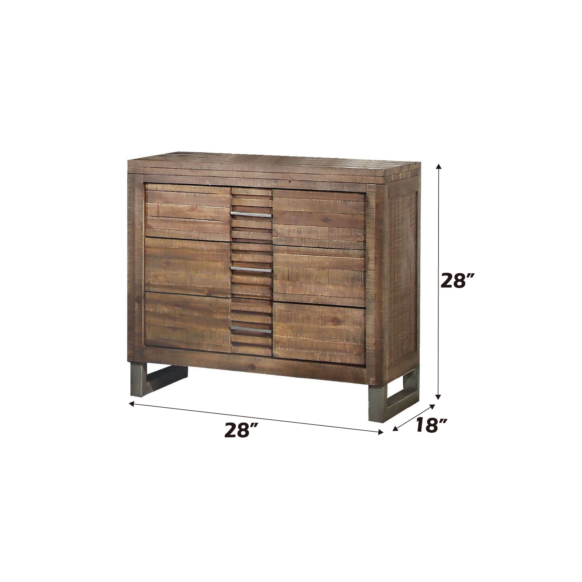 Rustic wood dresser with slatted drawer fronts and metal legs
