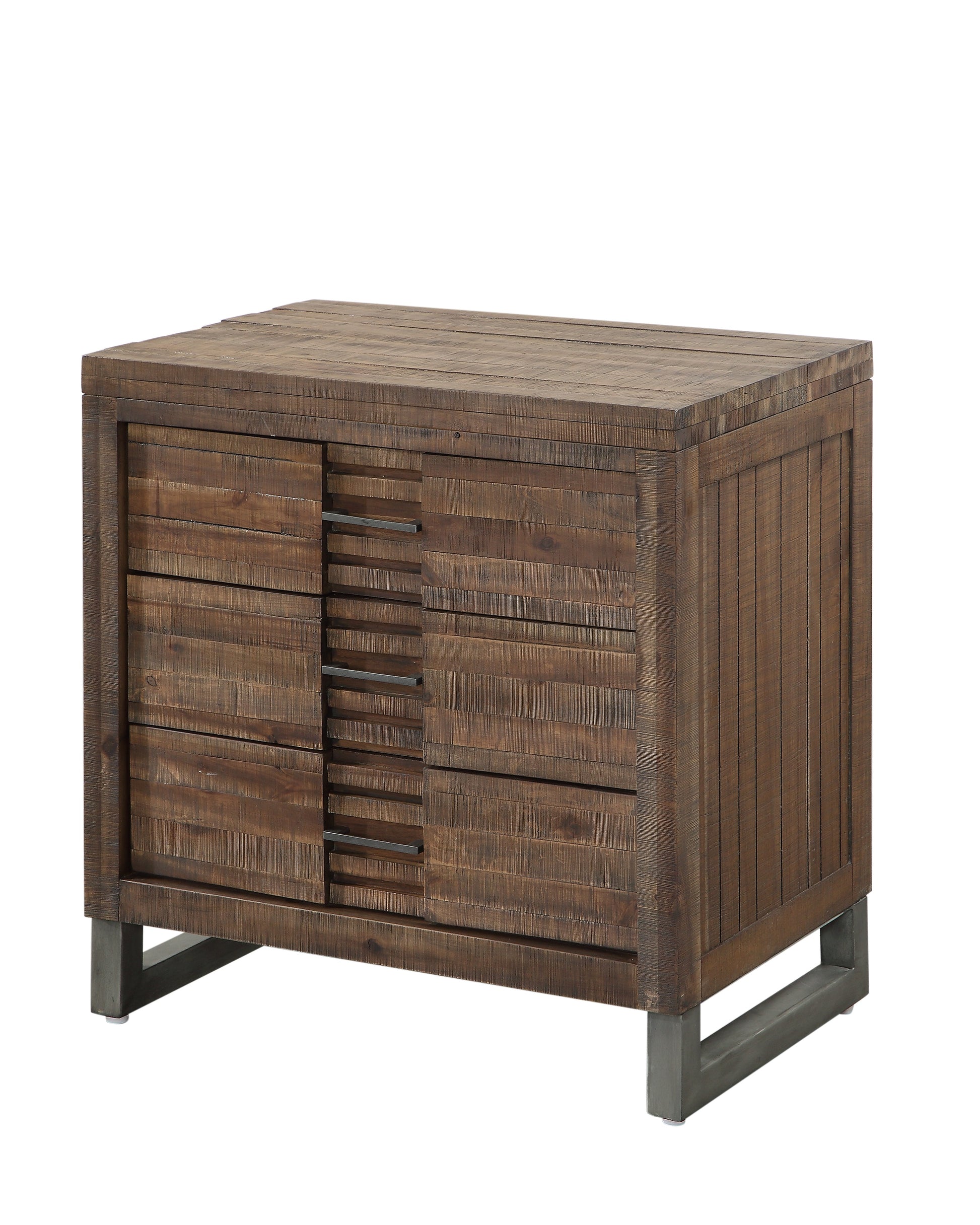Rustic wood nightstand with three drawers and metal base