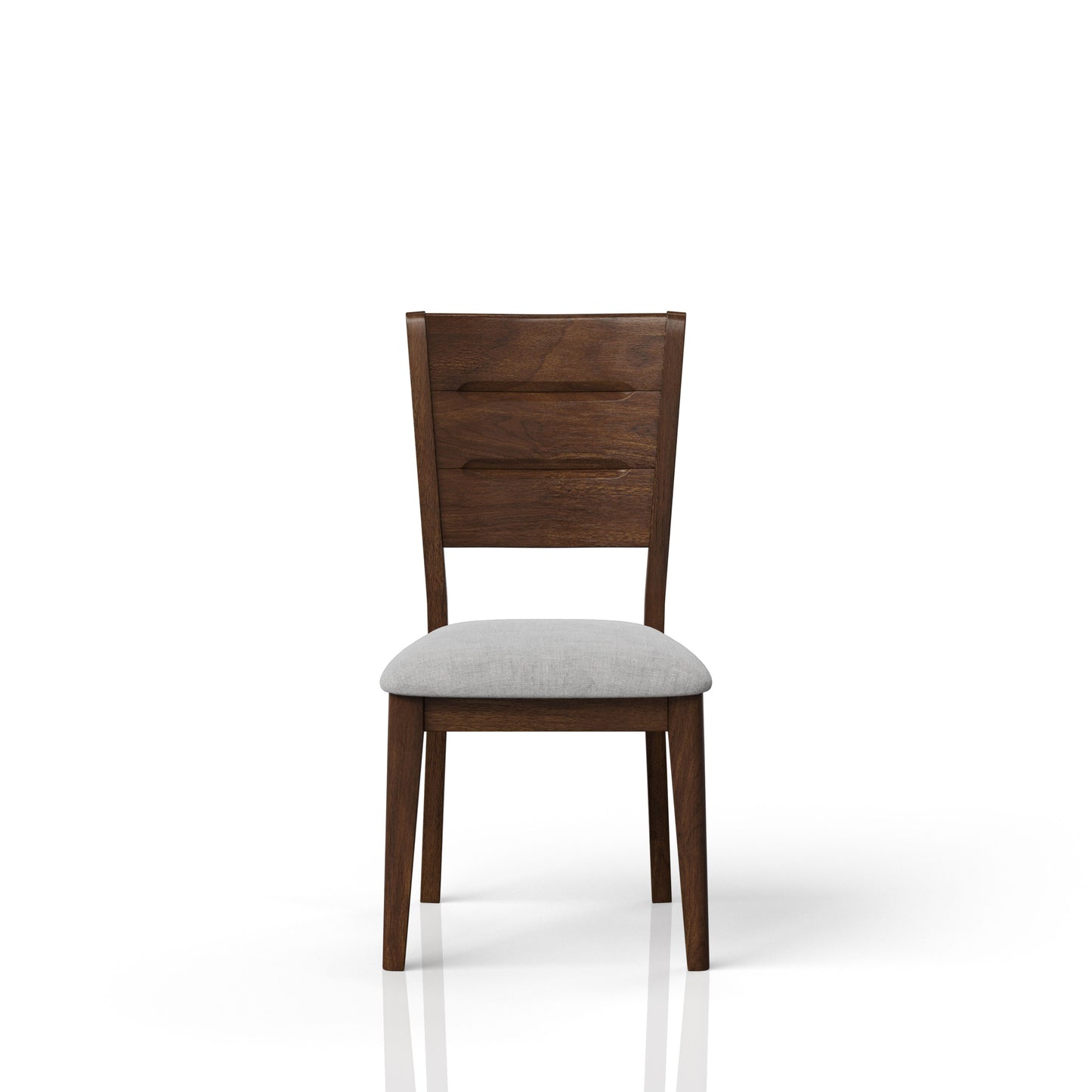 Wooden dining chair with light grey upholstered seat