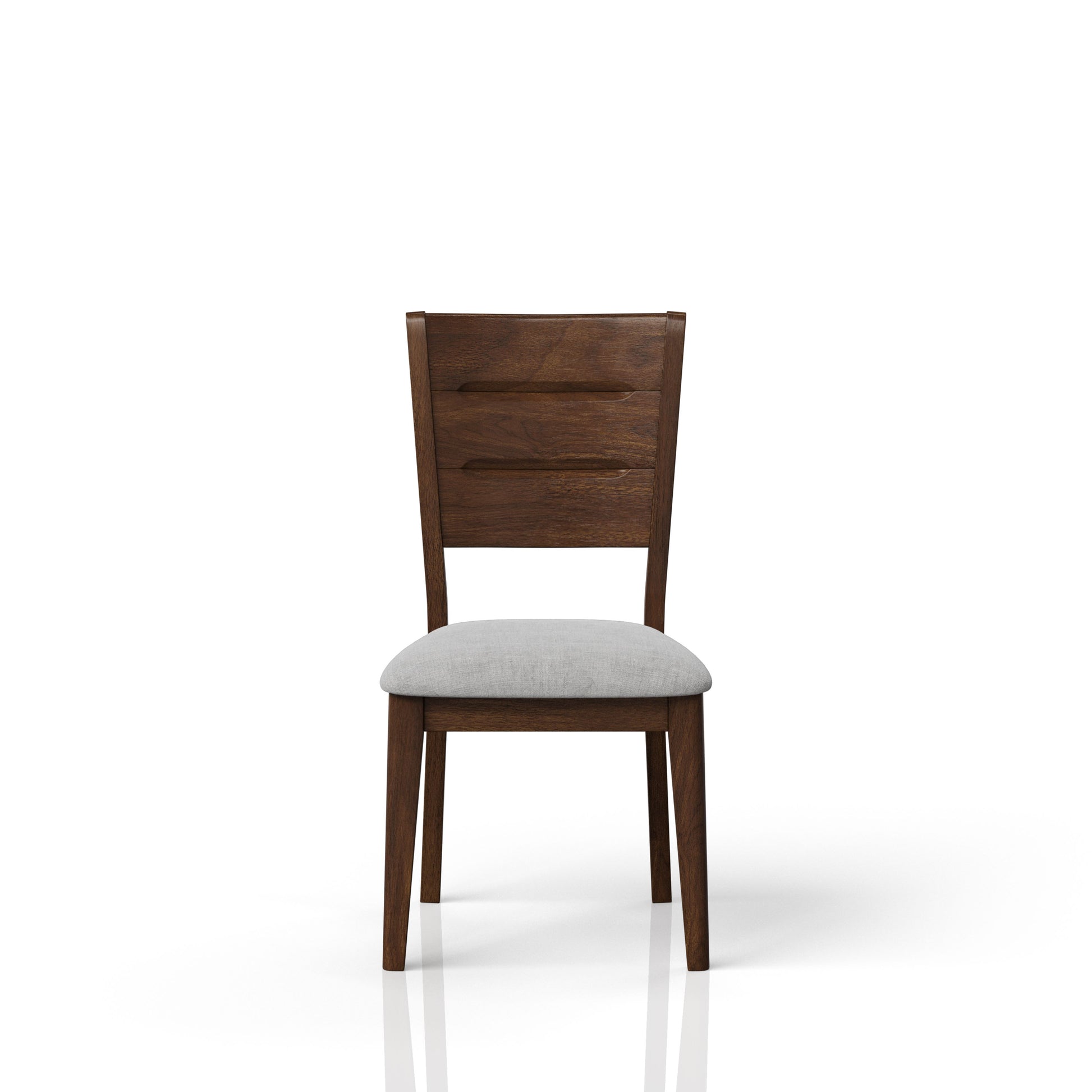 Wooden dining chair with light grey upholstered seat