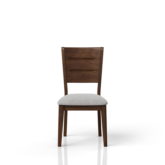 Wooden dining chair with light grey upholstered seat
