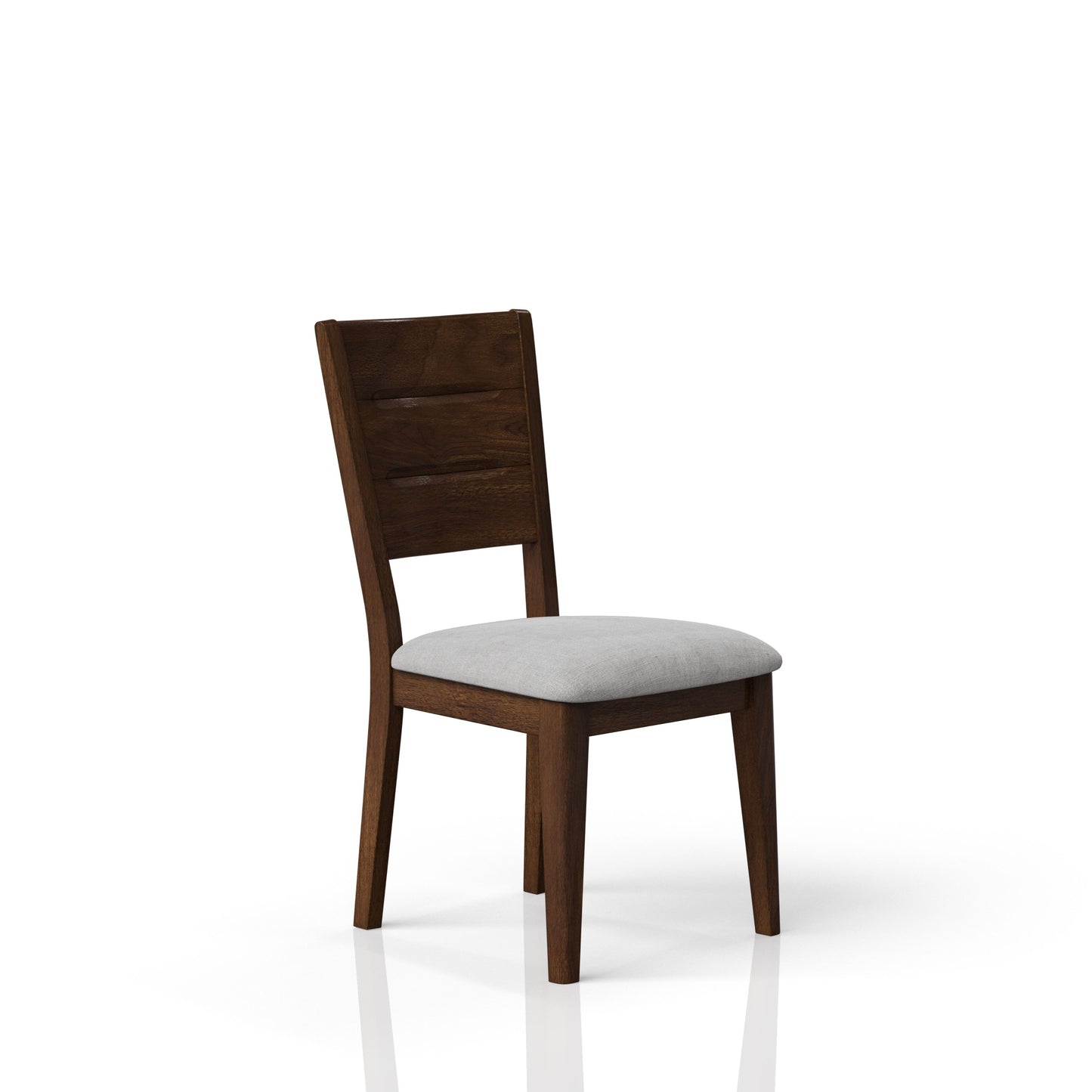Dark wood dining chair with light gray upholstered seat