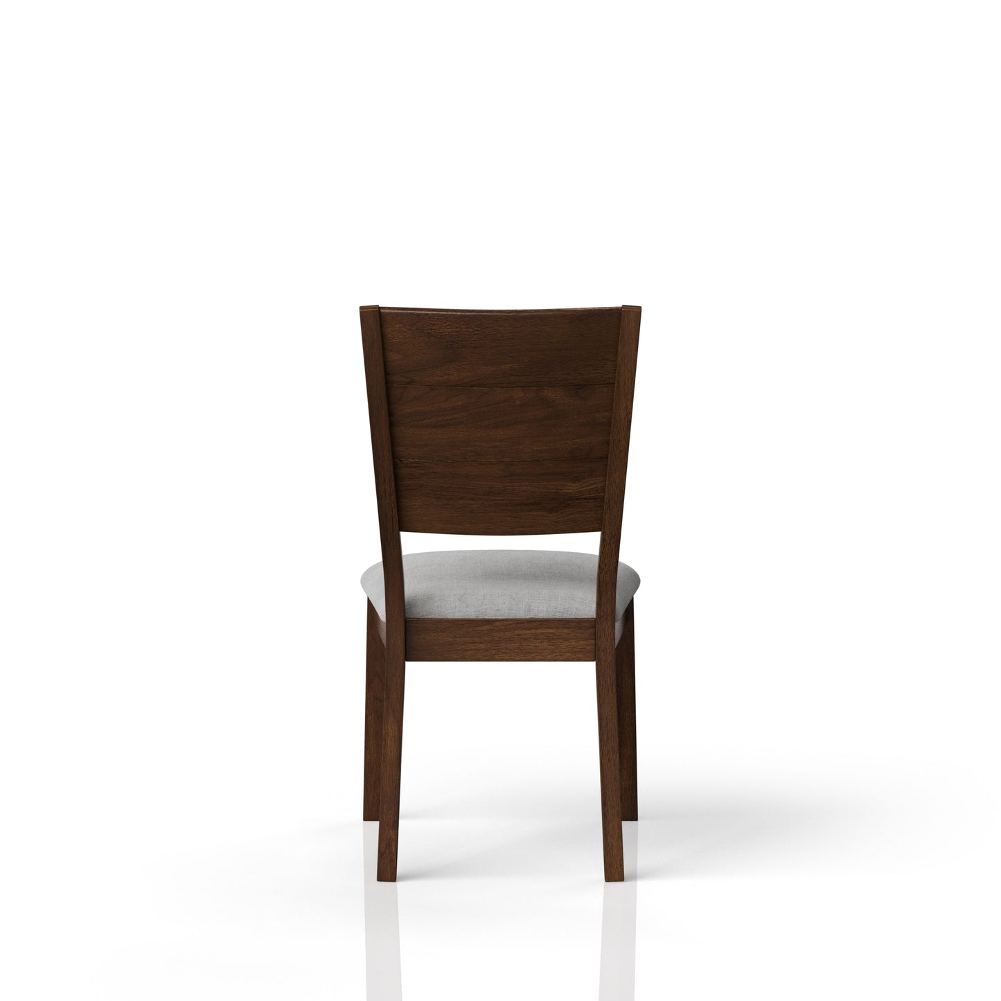 Back view of a dark brown wooden dining chair with a light grey upholstered seat and slatted back