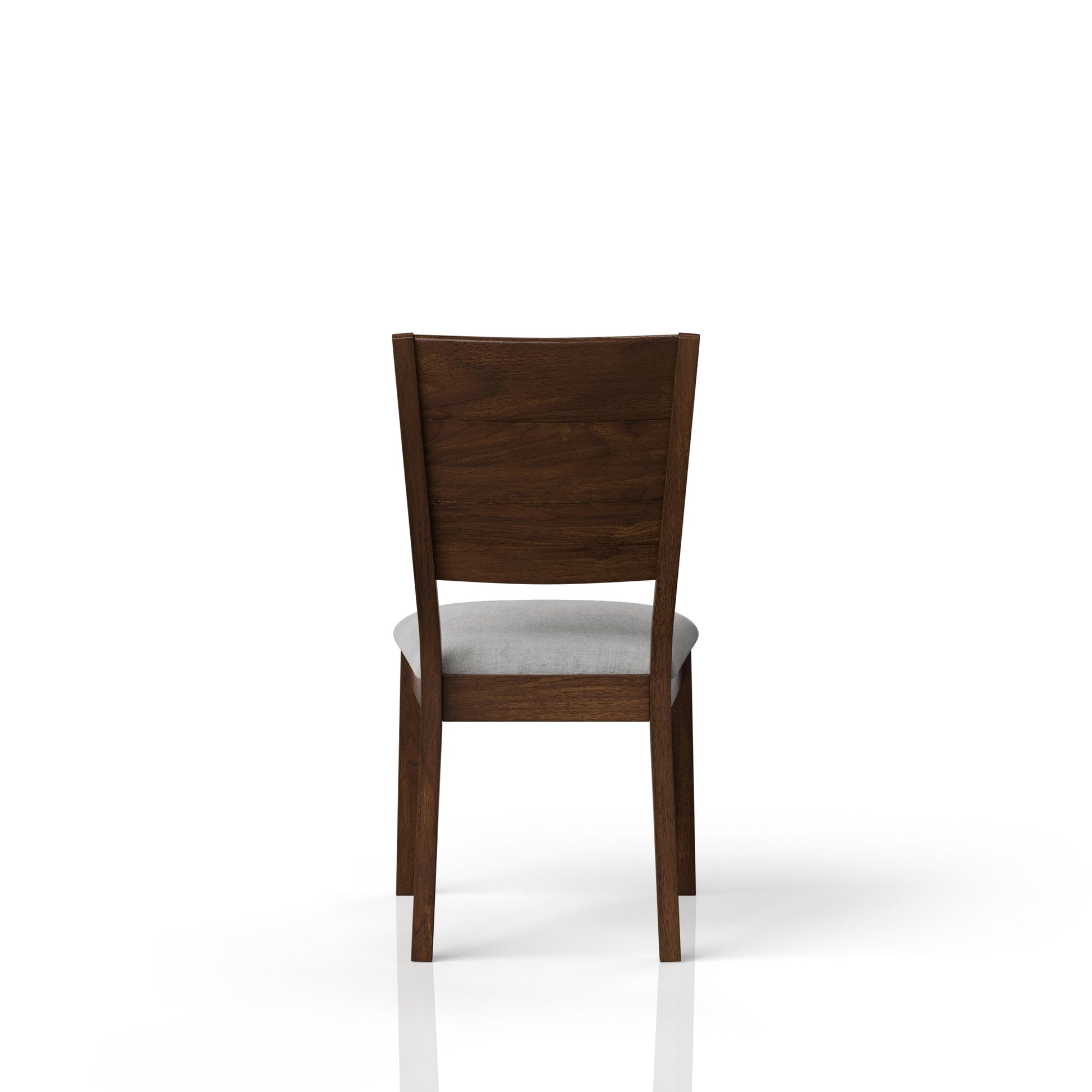 Back view of a dark brown wooden dining chair with a light grey upholstered seat and slatted back