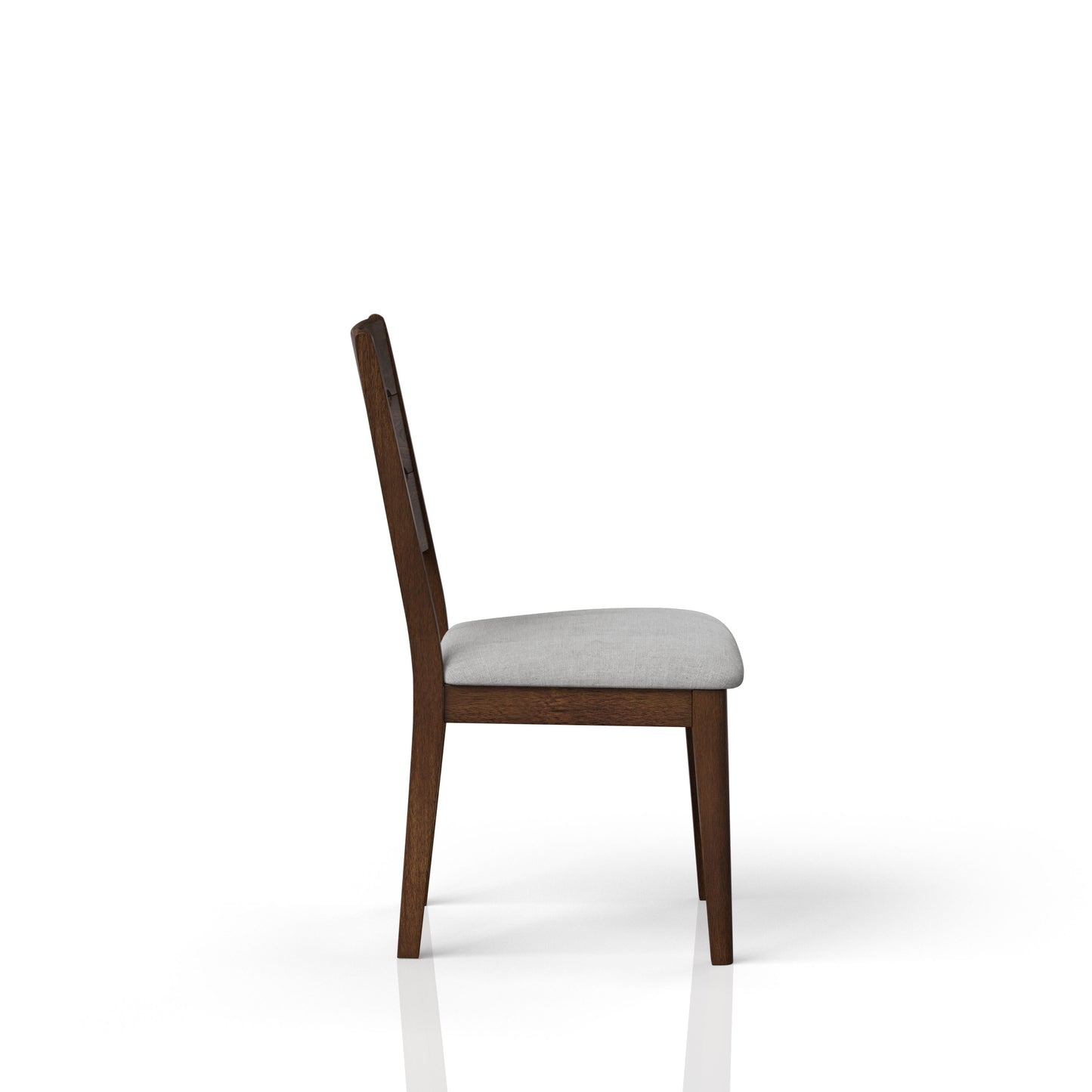Side view of a dark wood dining chair with a light grey upholstered seat