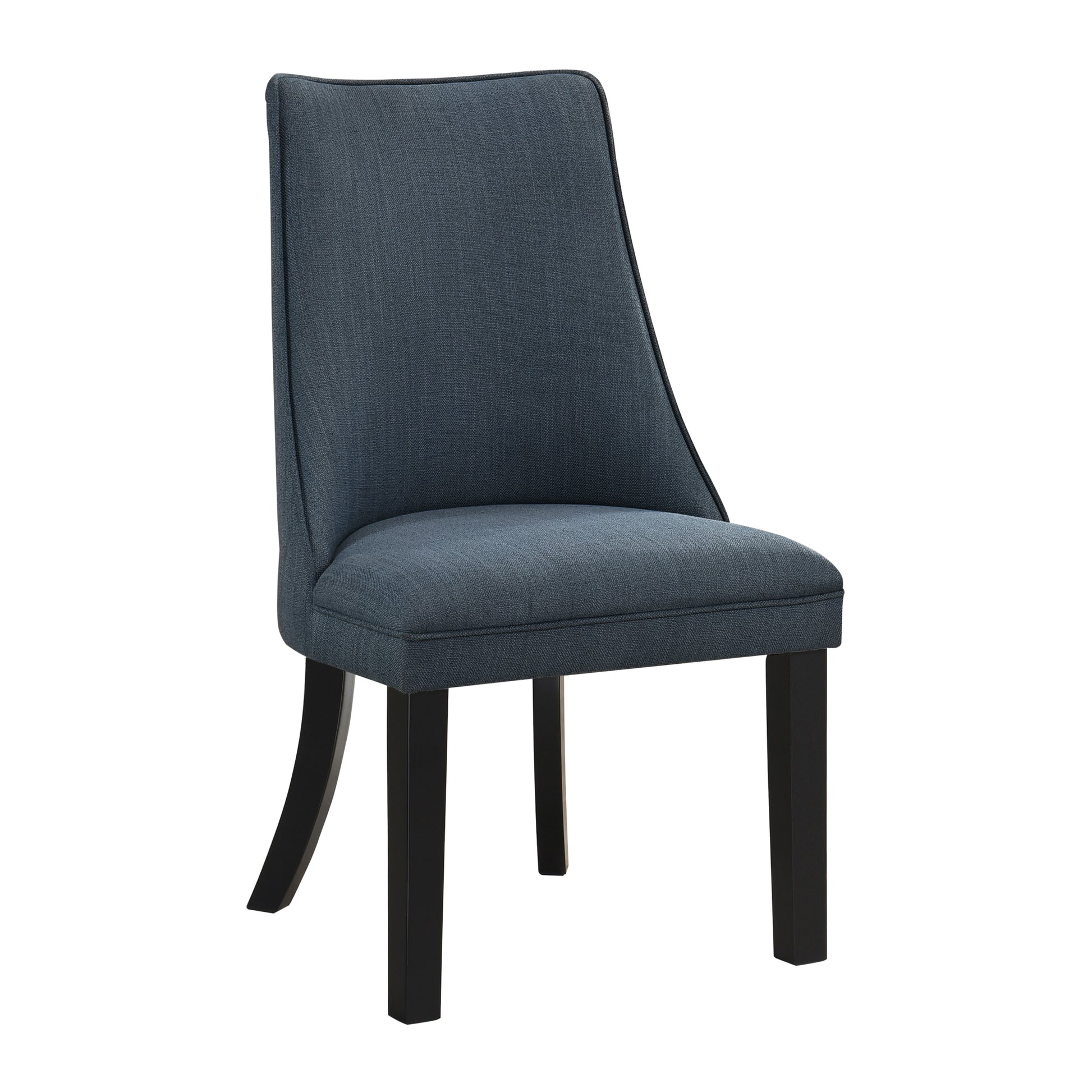 Navy upholstered dining chair with black tapered legs