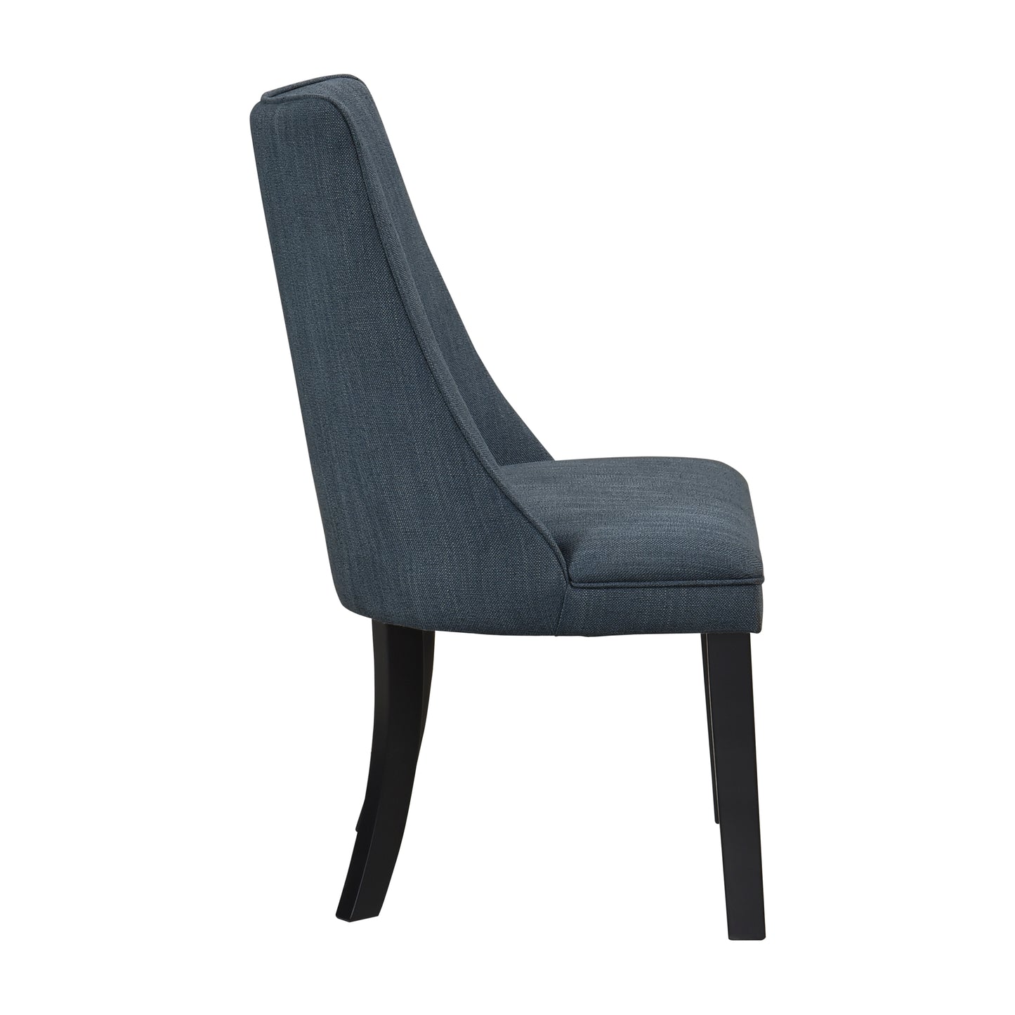 Dark blue fabric accent chair with black wooden legs