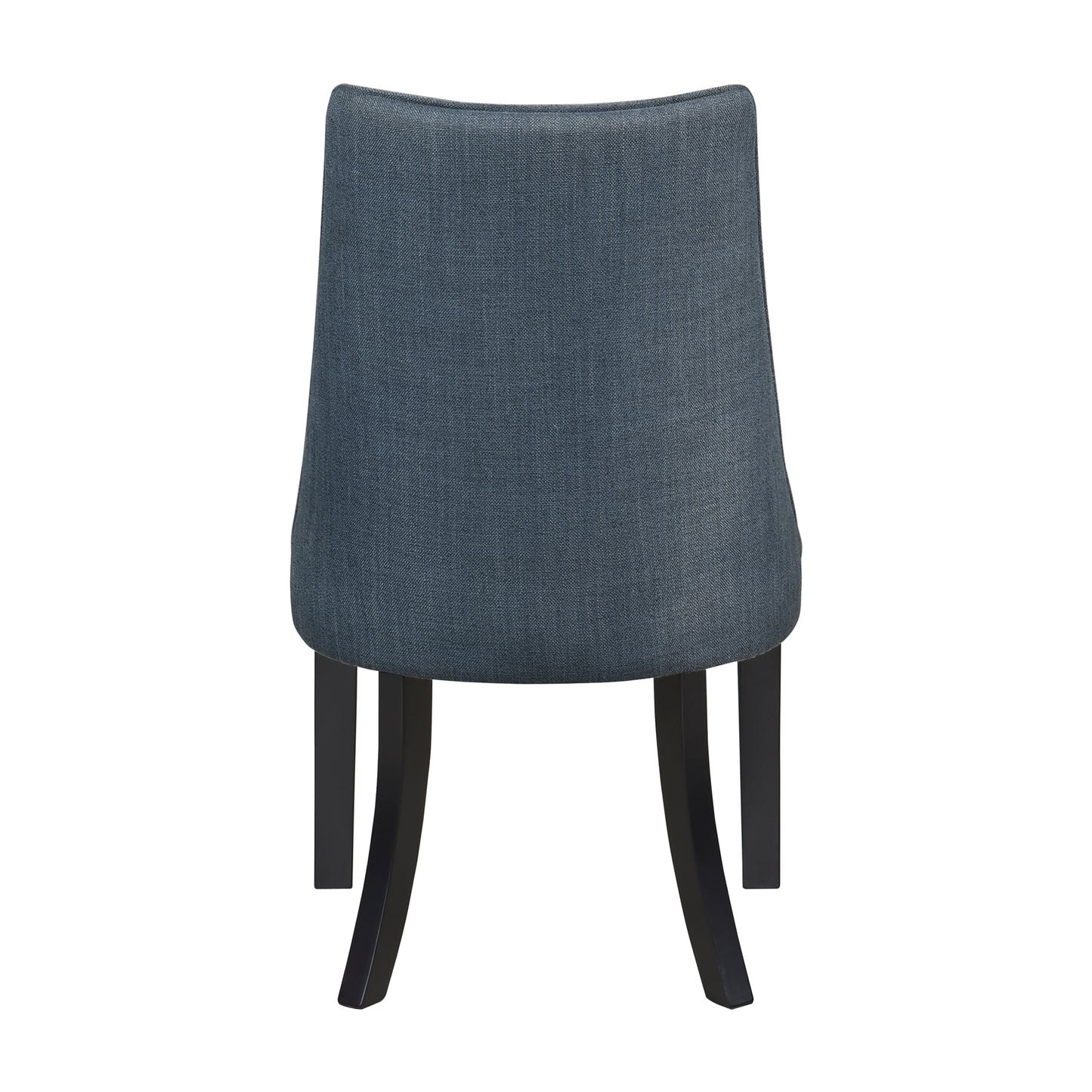 Dark blue upholstered dining chair with dark wooden legs