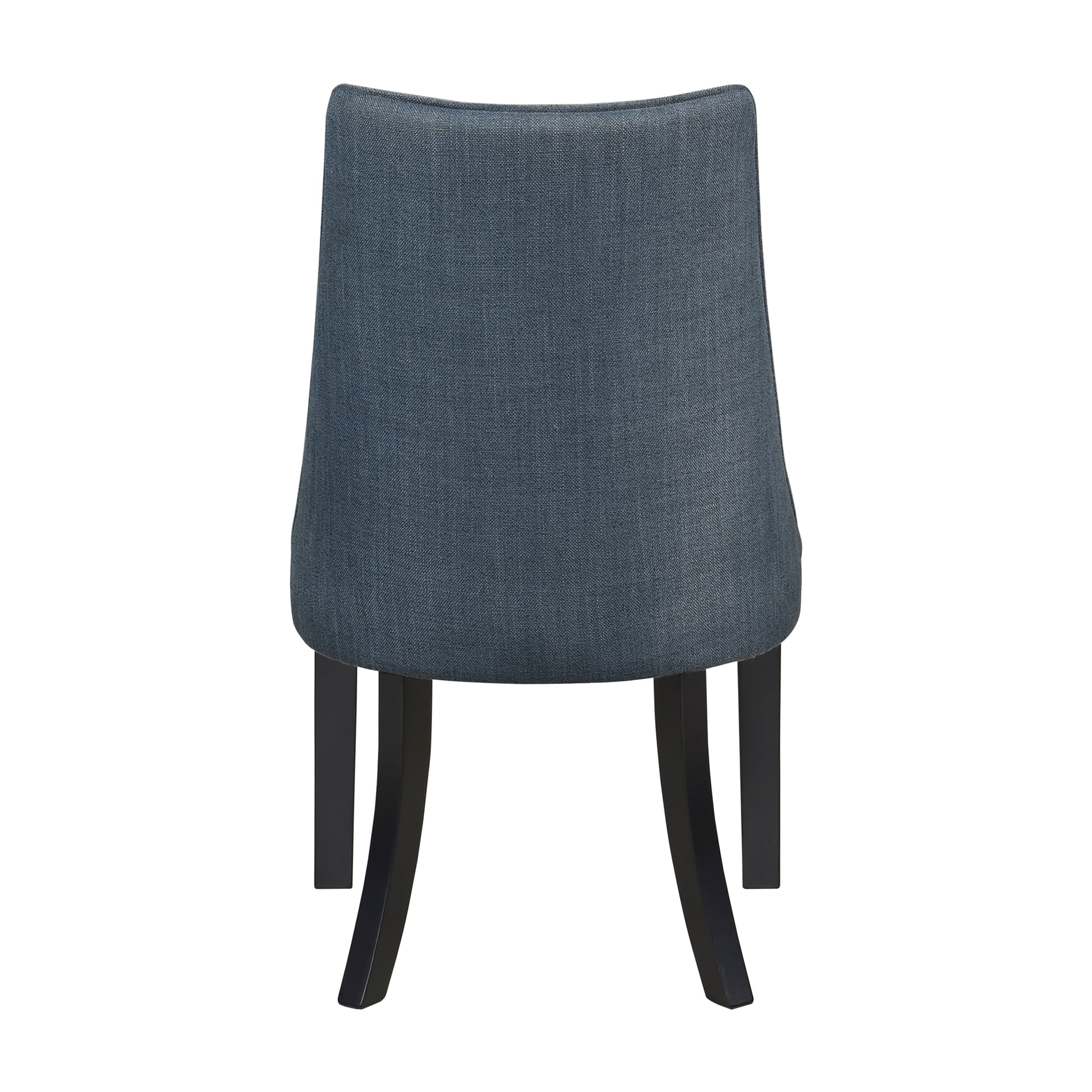 Dark blue upholstered dining chair with dark wooden legs