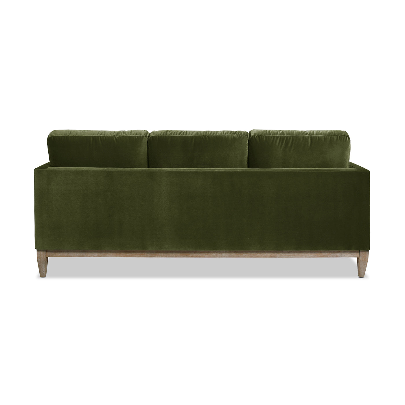 Back view of plush olive green velvet sofa with three cushions and wooden legs