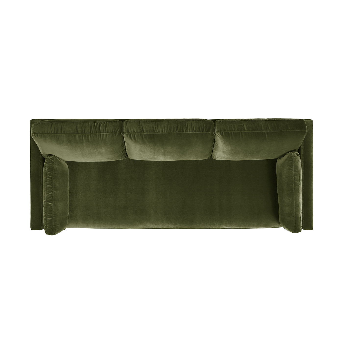 Top view of a plush olive green velvet threeseater sofa