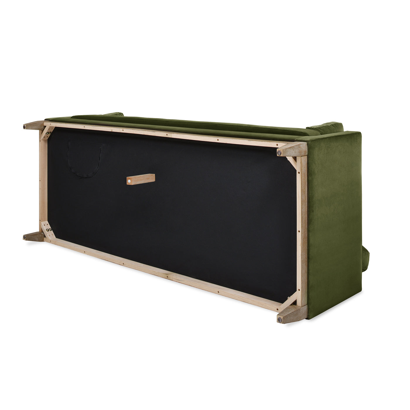 Green velvet sofa underside showing wooden frame and black fabric backing