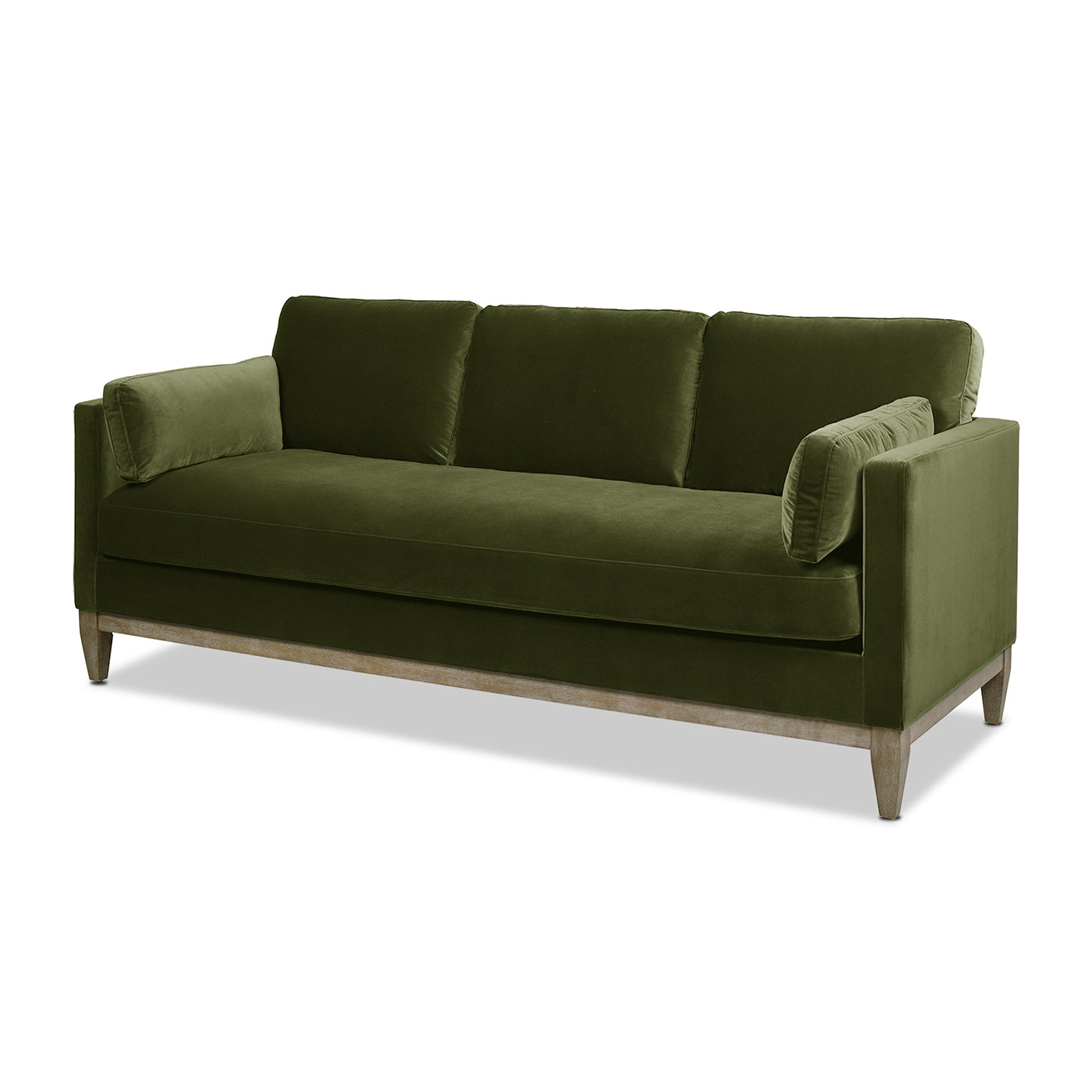 Deep olive green velvet sofa with a modern design and wooden legs
