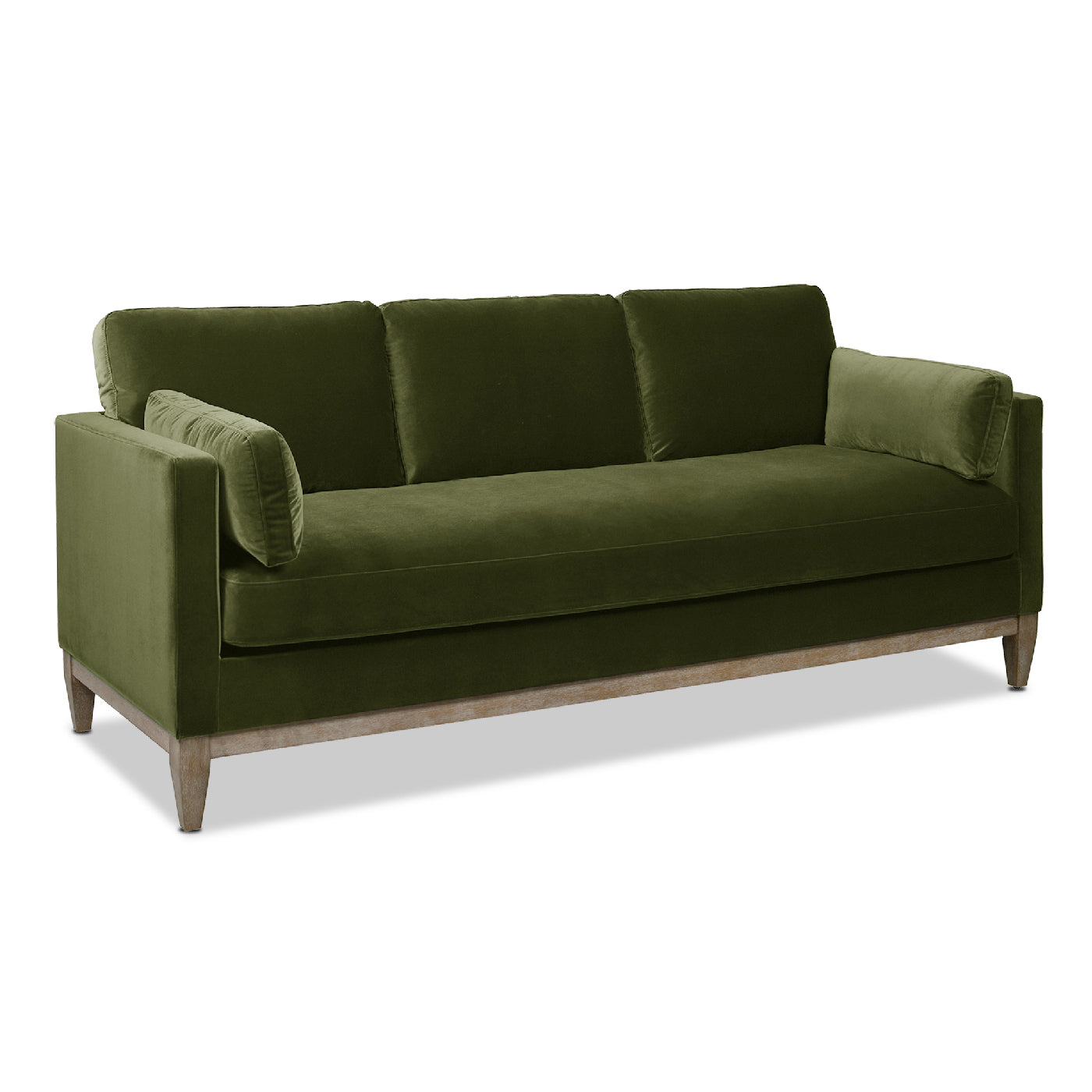 Elegant olive green velvet sofa with distressed wood legs