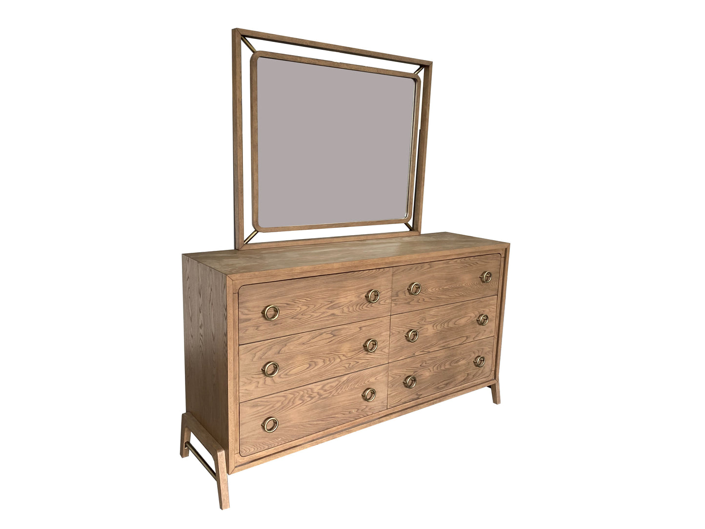 Light brown wooden dresser with six drawers and brass ring pulls