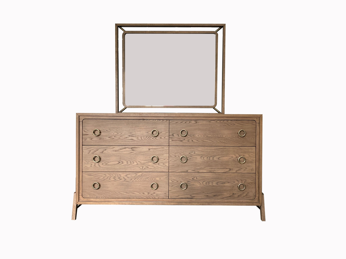 Sixdrawer oak dresser with brass ring pulls and geometric mirror