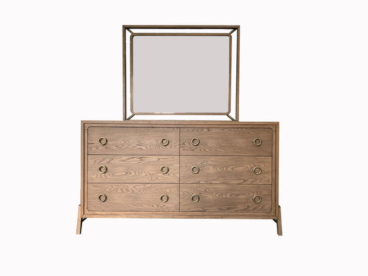 Sixdrawer oak dresser with brass ring pulls and geometric mirror