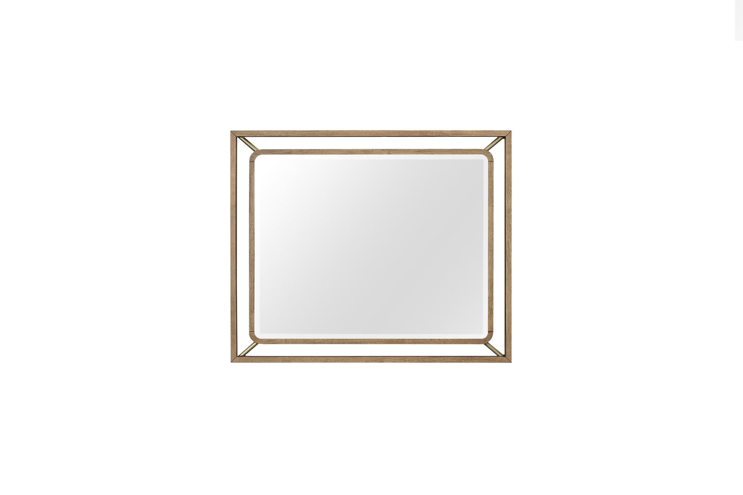 Rectangular modern mirror with a natural wood frame and brushed brass accents