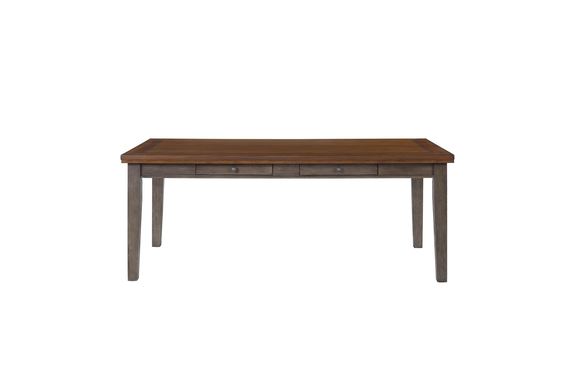 Brown wood dining table with two drawers and grey legs