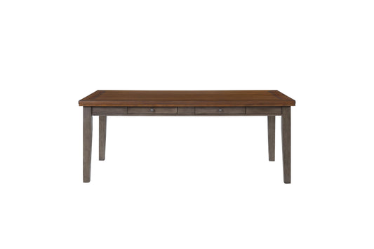 Brown wood dining table with two drawers and grey legs