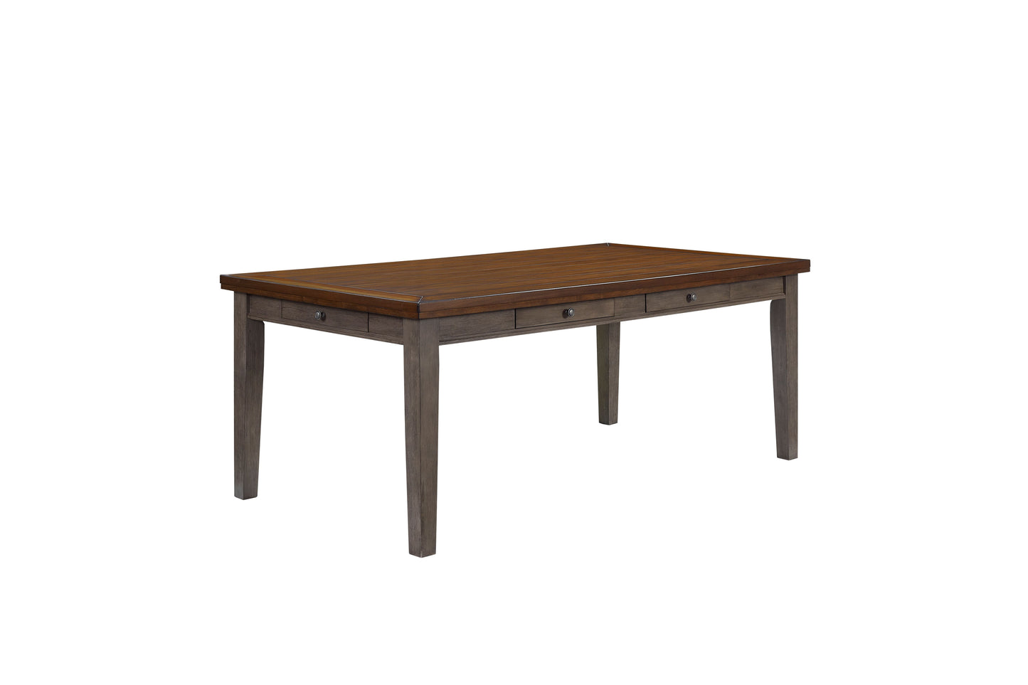 Dark brown wood dining table with gray legs and three drawers