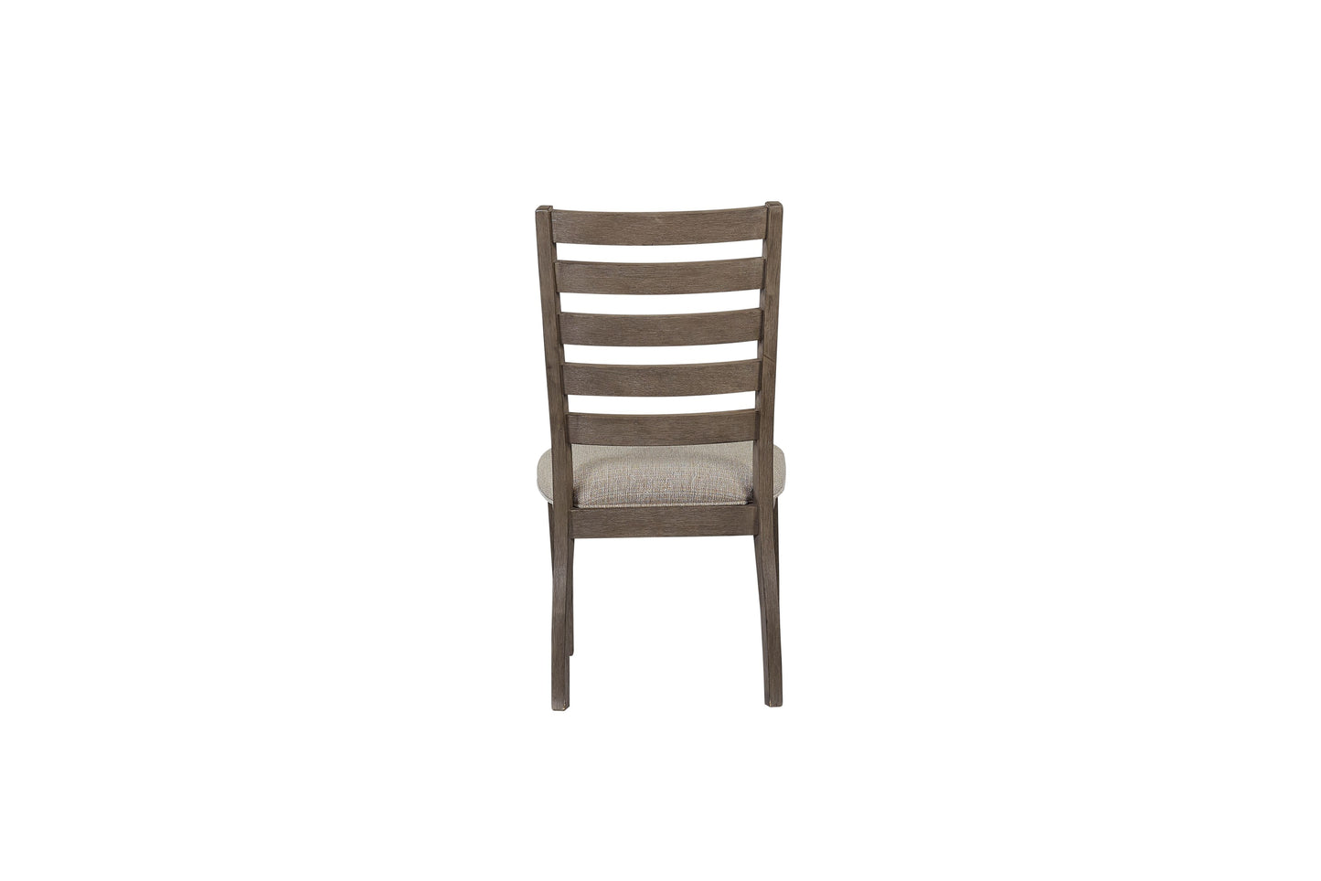 Back view of a modern gray wooden dining chair with a beige upholstered seat
