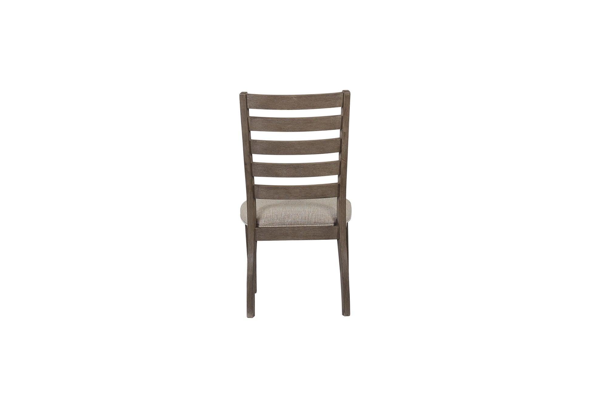 Back view of a modern gray wooden dining chair with a beige upholstered seat