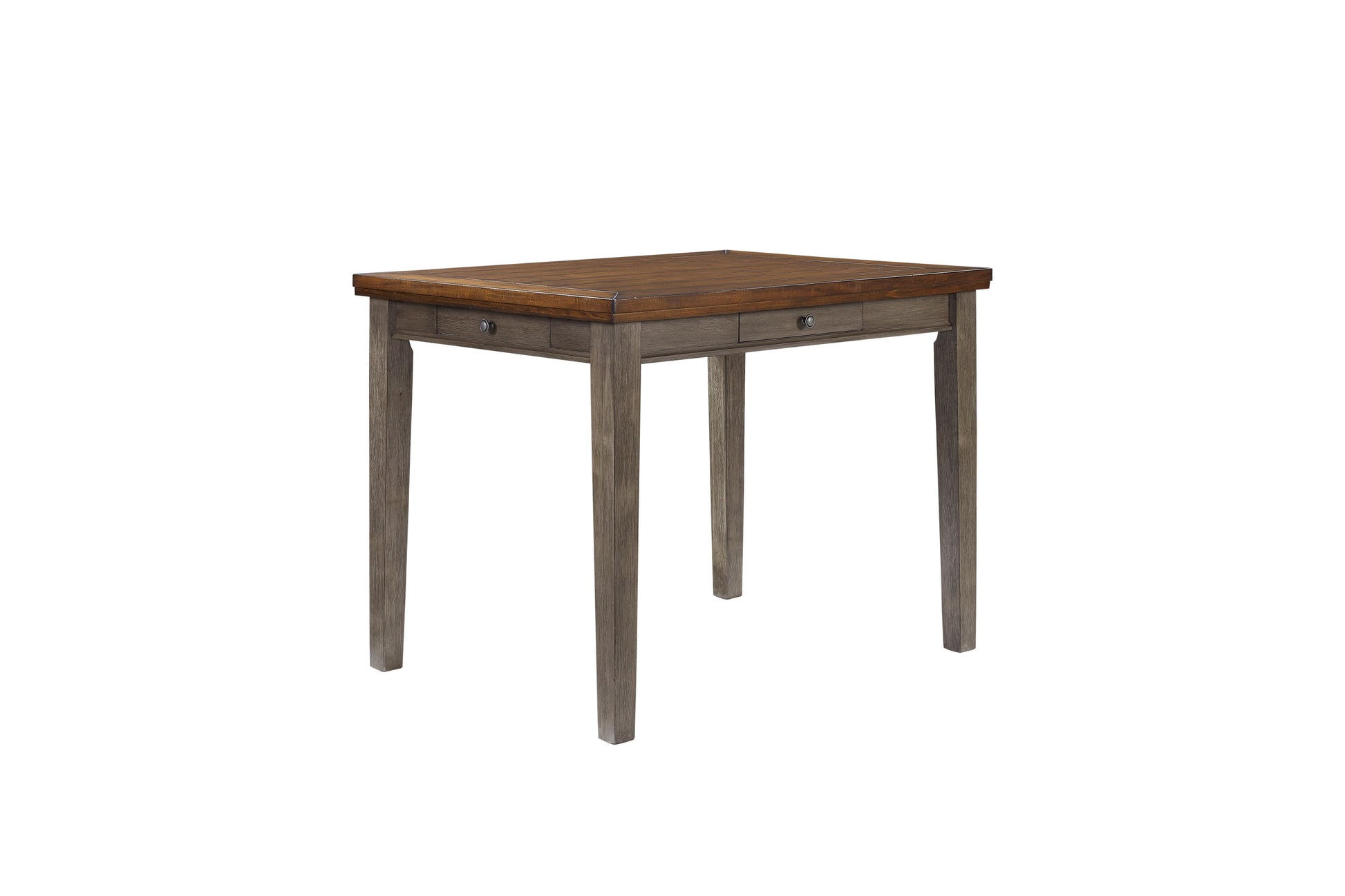 Wooden dining table with distressed gray legs and two drawers