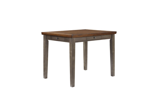 Wooden dining table with distressed gray legs and two drawers