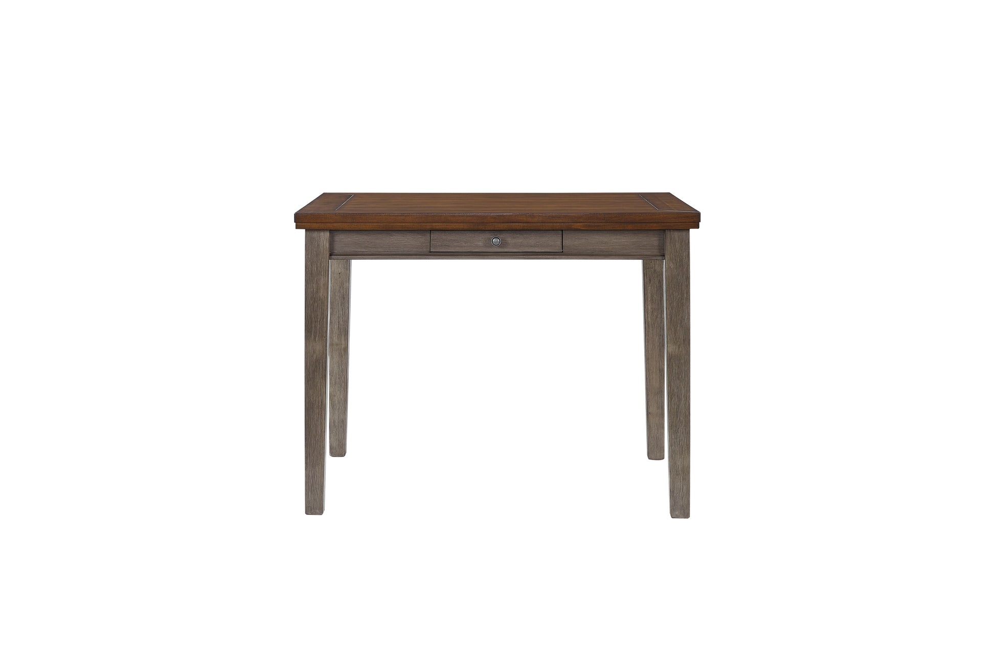 Rustic grey wood end table with dark wood top and single drawer