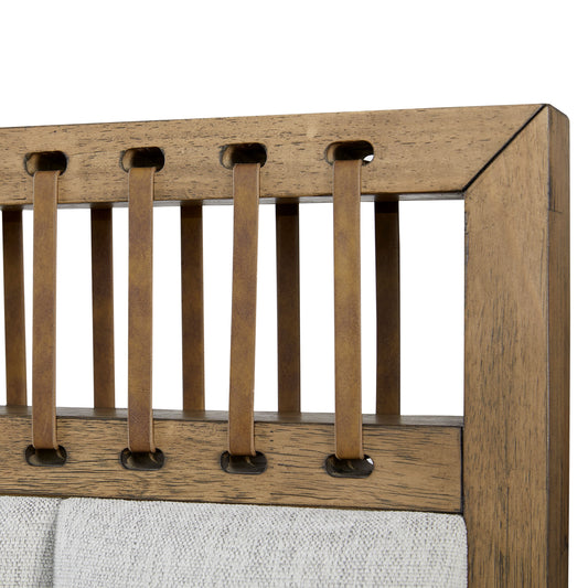 Rustic wooden headboard with tan leather straps