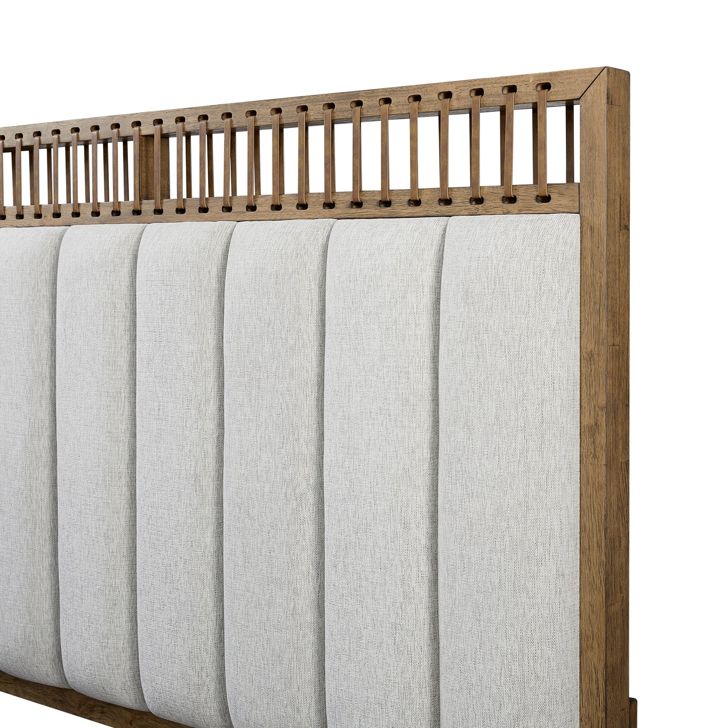Upholstered headboard with vertical channel tufting and natural wood frame