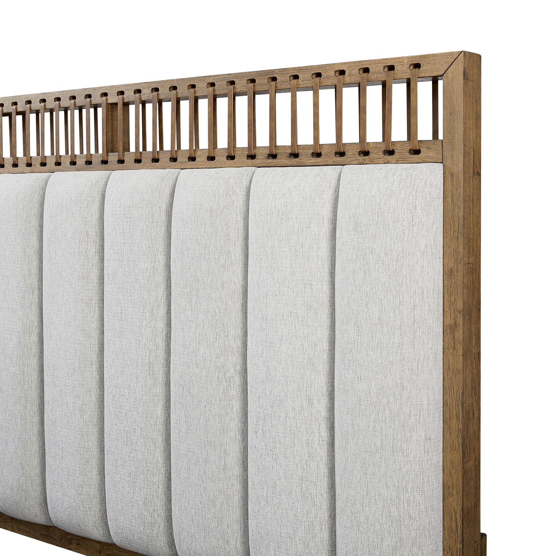 Upholstered headboard with vertical channel tufting and natural wood frame