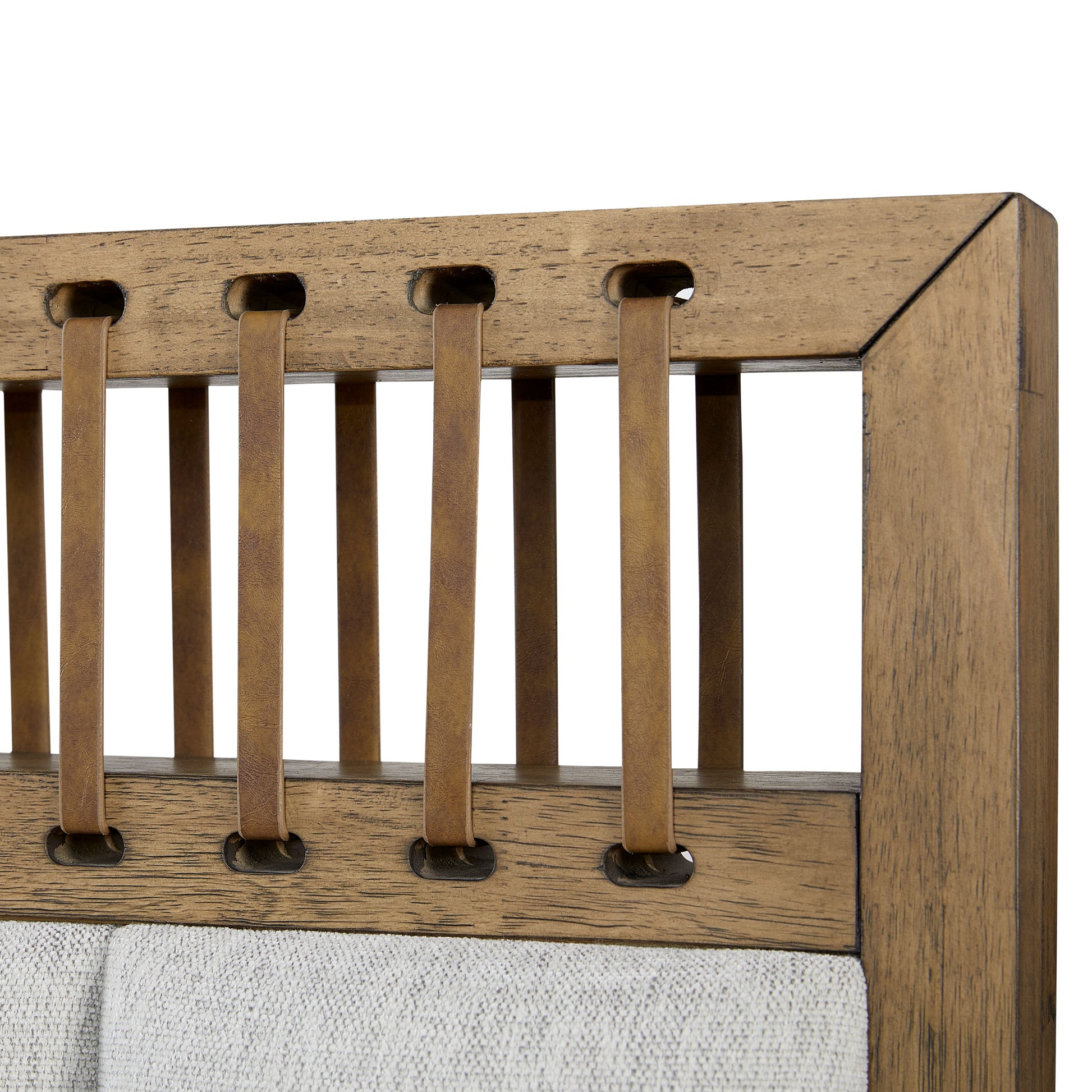 Rustic wood headboard with woven tan leather straps