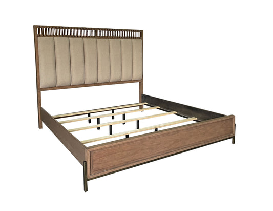 Modern wooden bed frame with upholstered headboard and slatted base